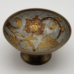 Small Vintage India Solid Brass Cloisonné Enameled Floral Pedestal Dish